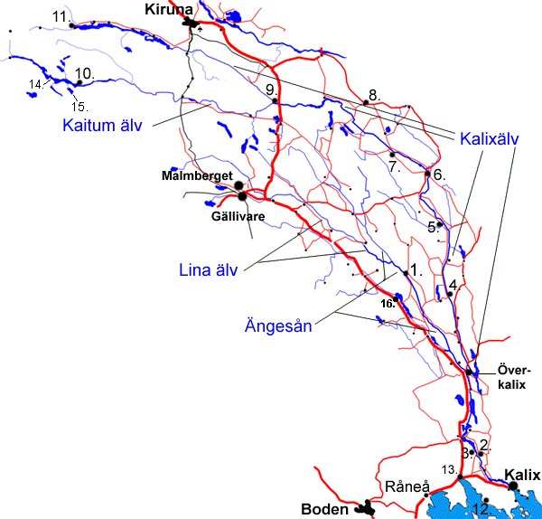 Map of river Kalixälv, Kaitumälv and Ängesån